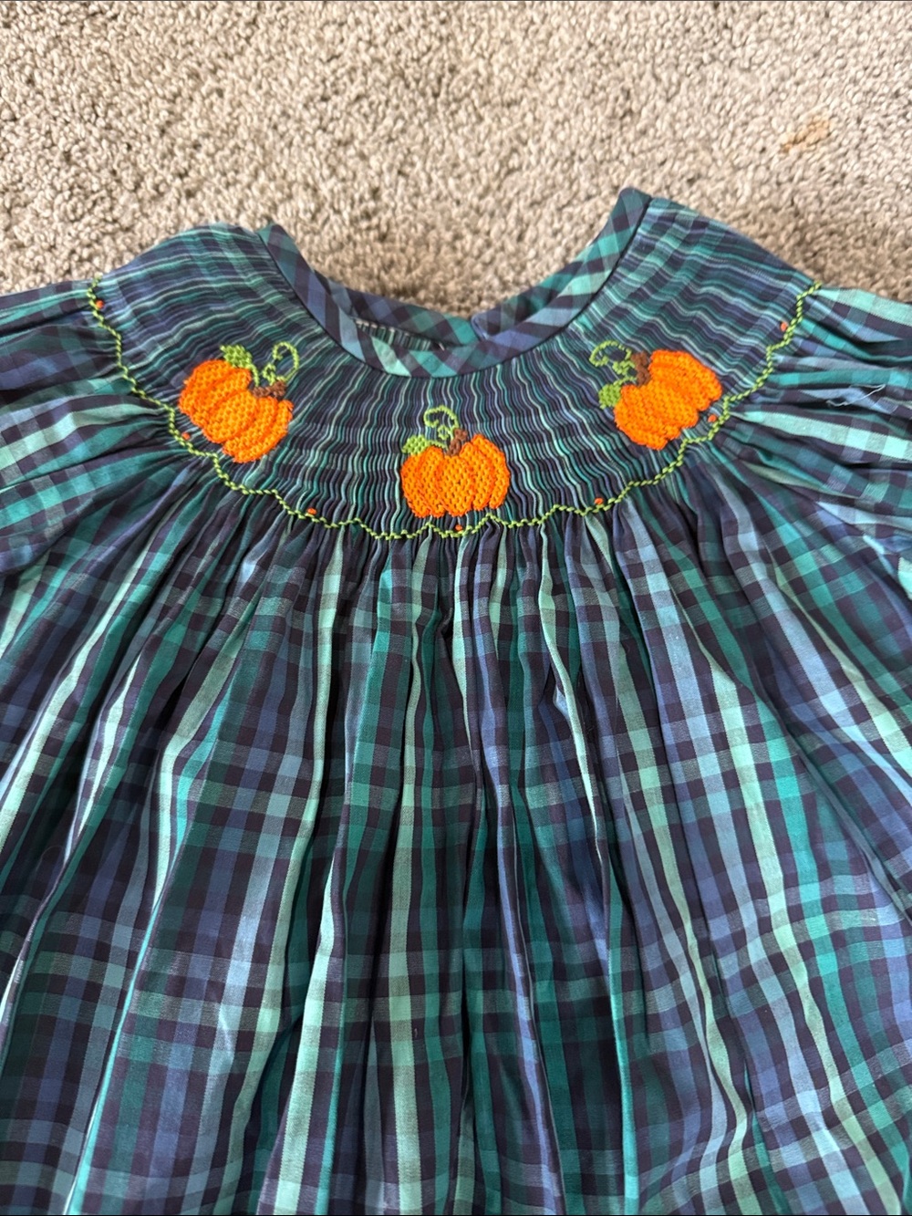 Classic Whimsy Girls' Green & Navy Plaid Smocked Pumpkin Dress - Picture 2 of 2
